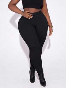 CurvyTilda Plus High Waist Skinny Solid Pants, For Women Spring Summer, For Hourglass Body Shape - Black - View 3