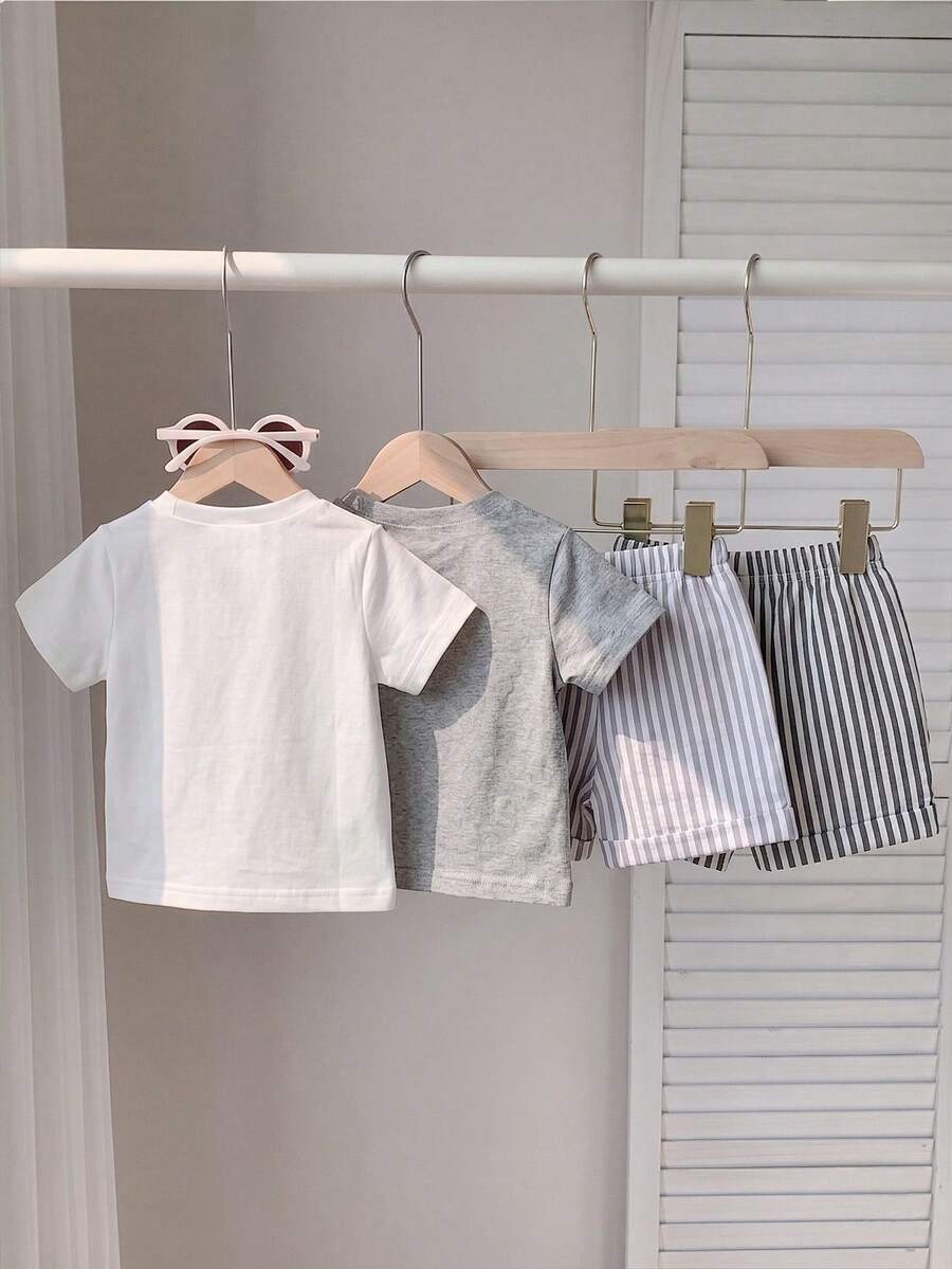SHEIN Playful Pals 4pcs/Set Baby Boy Solid Color Round Neck Short Sleeve T-Shirt And Striped Shorts, Casual Daily Wear - Multicolor - View 1