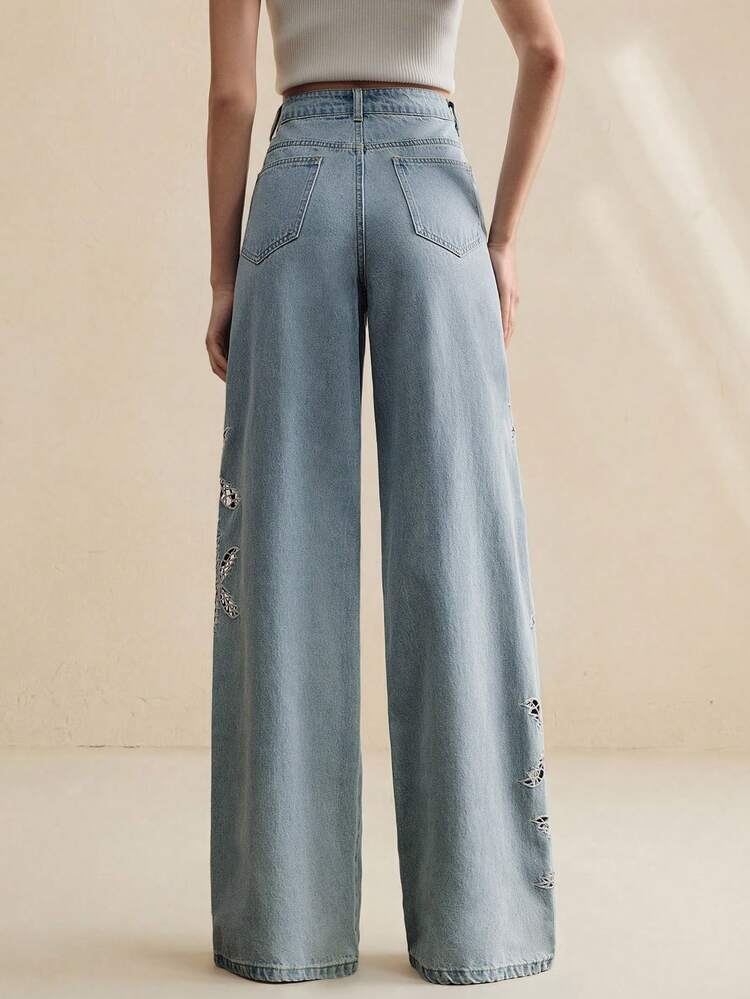 Women's Fashionable Luxurious Sexy Hollow Embroidered Romantic Party Vacation Blue Straight Leg Jeans, Spring/Summer