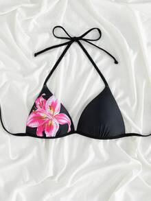 Swim Vcay 女士最新时尚沙滩装，度假休闲套装，粉色百合花印花黑色吊带比基尼上衣套装，优雅性感夏季女士泳装 - 黑色 - 查看 4