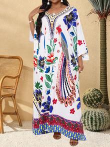 Villa Velisse Plus Size Women's Straight Cut Batwing Sleeve Loose Casual Dress Maxi Women - Multicolor - View 5