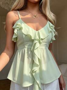 CovetEZ Áo camisole nữ màu trơn, viền bèo nhún, kiểu dáng thường ngày, đa năng. - màu xanh lá - Xem 3