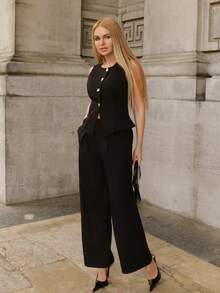 黑色单排扣背心、褶饰阔腿裤套装 - 黑色 - 查看 5