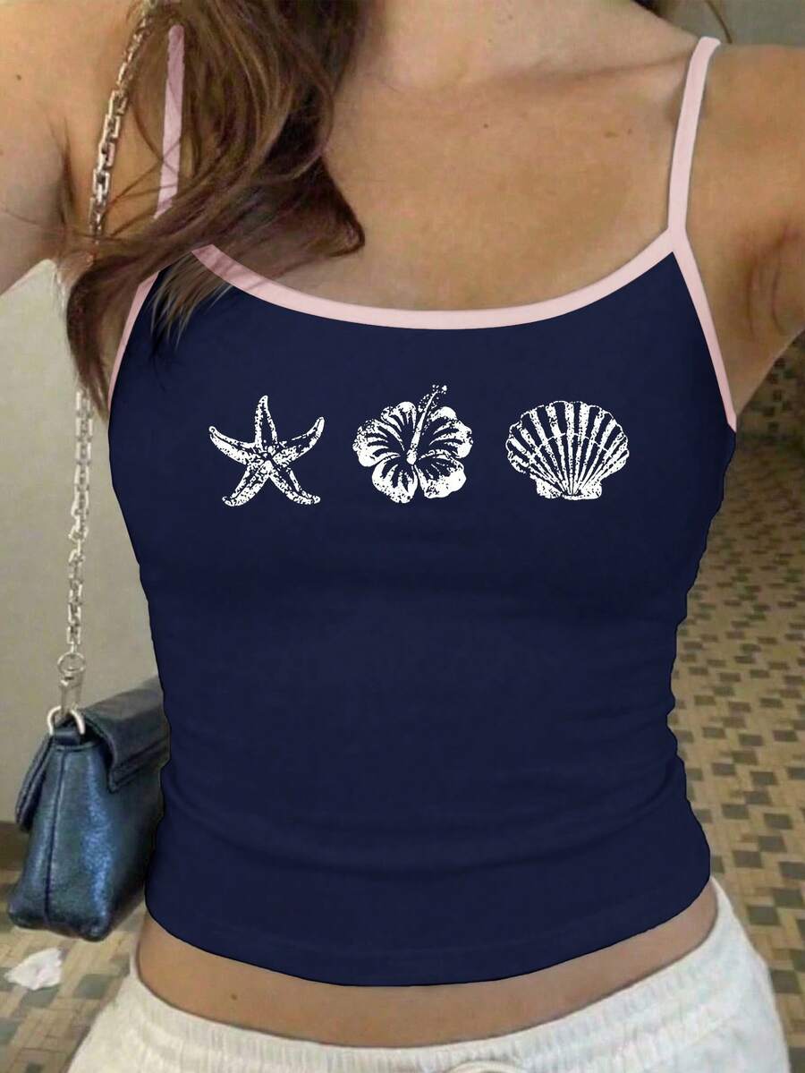 SHEIN 复古海龟、贝壳和花朵图案岛屿女孩吊带背心，适合度假、音乐节、海滩度假、夏季、少女穿着。 - 白色 - 查看 1