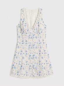 lacRébo 米色夏季鄉村風早午餐白色刺繡迷你洋裝，藍色花卉印花，V領，喇叭裙襬，法式巴黎風蕾絲飾邊陽光裙 - 白色 - 查看 7