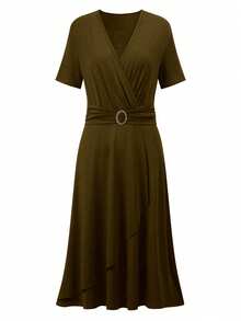 EMERY ROSE Vestido maxi de mujer con cuello en V, cintura plisada y mangas cortas, color borgoña - Marrón - Ver 5