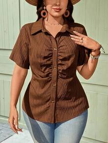 SHEIN LUNE Women's Plus Size Chocolate Brown Autumn Western Hiking Shirt,Pleated Short Sleeve Button Down Blouse,Slim Fit Elegant Chic Music Festival Outfits - Brown - View 7