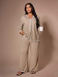 Lazeform Women's Casual V-Neck Knit Cardigan With Lace Trim, Long Sleeve Long Sleepwear Set, Plus Size - Khaki - View 7