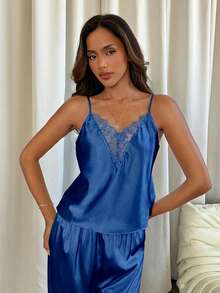 Aloruh Lace Trim Satin Cami Top & Pants PJ Set / Pajama Set For Daily Wear - Royal Blue - View 6