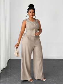 Maweii Plus Size Casual Wide Leg Sleeveless Business/Commute Romantic 2 Pieces Set Gym Brown Summer - Khaki - View 6
