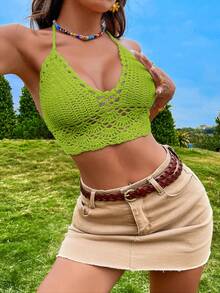 SHEIN Holidaya Áo vest hở lưng cổ yếm móc thủ công, bikini hở lưng gợi cảm khoét rỗng buộc dây cho kỳ nghỉ - màu xanh lá - Xem 5