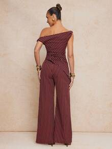Lumalex Bộ đồ 2 món thanh lịch dành cho nữ: áo crop top kẻ sọc lệch vai và quần ống rộng, thích hợp cho mùa hè. - Màu Đỏ Sâu - Xem 2
