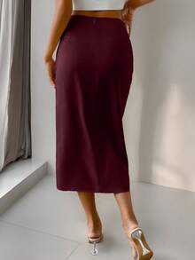 Glamine Elegant Commuter Solid Color Wrap-Around Slit Skirt - Burgundy - View 2