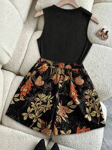 Franclia Conjunto de top sin mangas y pantalones cortos estampados para mujer talla grande, conjunto de ropa casual elegante para vacaciones, 2 piezas - Negro - Ver 2