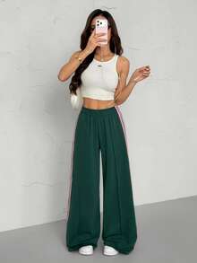 SHEIN PETITE Women's Elastic Waist Side Striped Wide Leg Loose Casual Sweatpants, Suitable For Spring And Summer, Back To School Season - Green - View 4