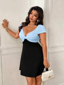 Femmeverse Plus Size Women Patchwork Ruched Waist Elegant Party Dress - Multicolor - View 6