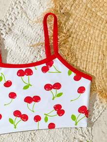 Kleine Mädchen rückenfrei Blumen Cut-Out-Design Bikini Oberteil, Kirschprint mit rotem Rand, süßer & frischer Stil geeignet für Strandurlaub, Schwimmparty - Rot-Weiß - Übersicht 3