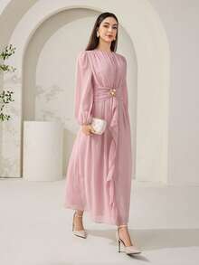 Solavon Damen Einfarbiges Kleid mit Metalldekoration, Rüschen, Patchwork und elegantem Taillenband für Partys - Pink - Übersicht 5