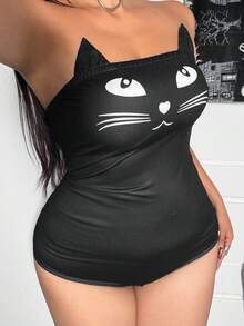 Flirla Plus Size Women Funny Cat Print Strapless Romper - Black and White - View 4