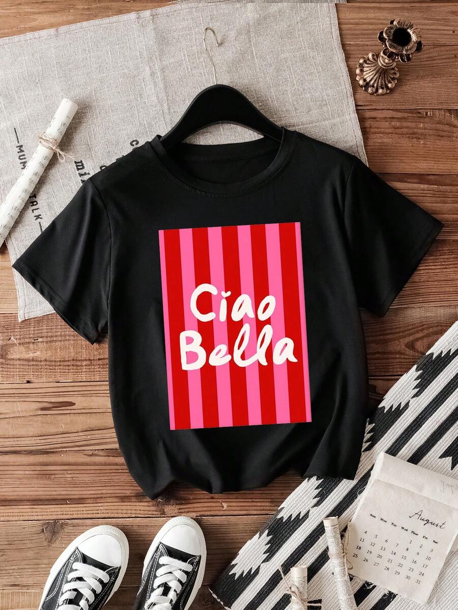SHEIN LUNE 女士休闲霓虹粉条纹标语“CIAO BELLA”T恤 - 黑色 - 查看 1