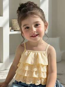 Baby Girl Cute Sweet Vacation Style Multi-Layer Ruffle Schiffy Camisole Top, Summer - Mustard Yellow - View 4