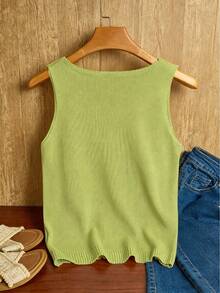SHEIN LUNE Top tricoté sans manches minimaliste de couleur unie, pour un port quotidien - Vert - Voir 2
