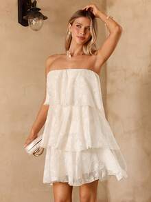 Enchnt Summer Romantic Women's Fashion Strapless Ruffle Short Double-Layer Cake White Dress, Bridal Shower Dresses For Bride, Baby Shower Dresses,Sweet&Elegant For Wedding,Social&Vacation&Date&Party&Going Out,Summer Outfit Women,Summer Dresses For Women White Dresses For Women Short Strapless Dress Tiered Dress - Apricot - View 4