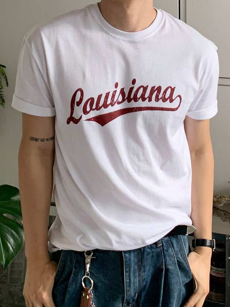 Men's Short Sleeve Red Letter Print T-Shirt, Summer