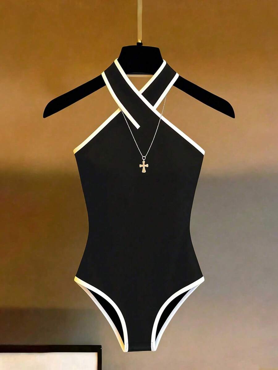 Franclia Women's New Halter Neck Criss-Cross Trim Fitted Bodysuit, Minimalist Versatile - Black - View 1