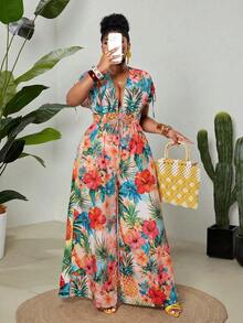 Maweii Plus Size Women's Multi-Color Vacation Wide Leg Tie Front Jumpsuit, Suitable For Summer - Pink - View 3