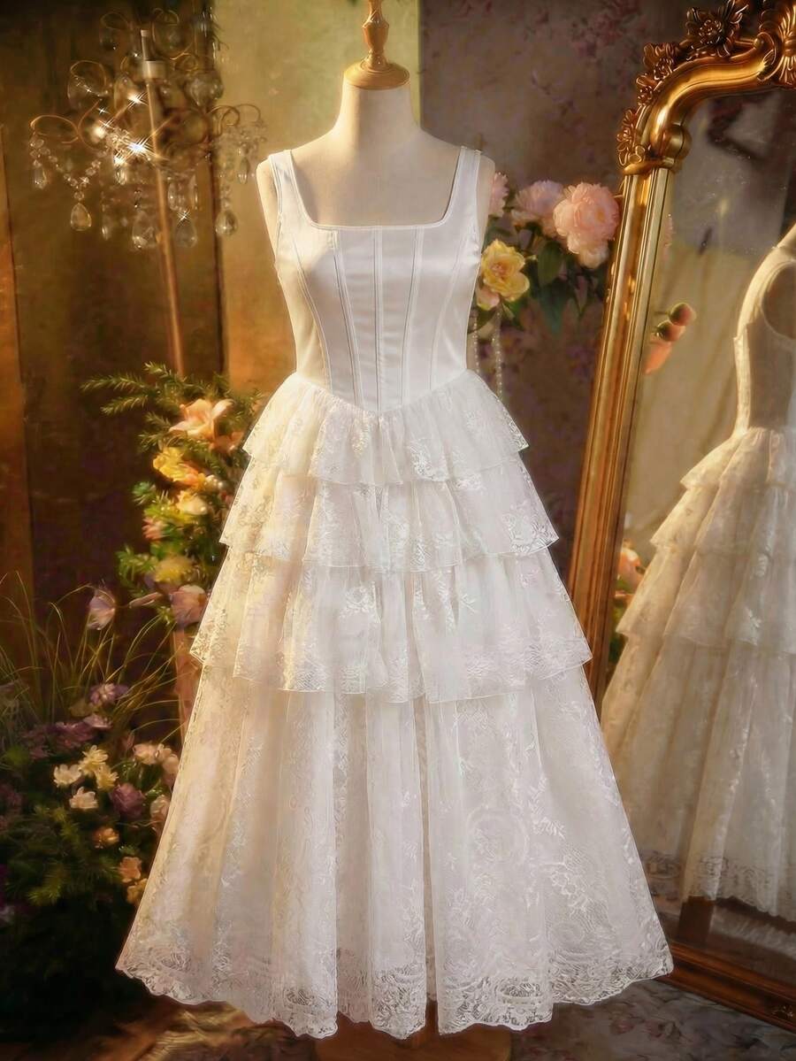 SHEIN MOD Đầm ren trắng xếp tầng lãng mạn dành cho nữ cỡ lớn, đầm mùa hè thanh lịch, đầm mùa xuân, đầm dự tiệc sang trọng, trang phục đi biển cho nữ, trang phục nghỉ mát cho nữ, đầm dài thanh lịch, đầm dự đám cưới cho nữ, đầm dạ hội sang trọng cho nữ, đầm xếp tầng, đầm dự tiệc ngoài trời, đầm tốt nghiệp cho nữ, đầm tốt nghiệp, đầm trang trọng, đầm trắng. - trắng - Xem 1