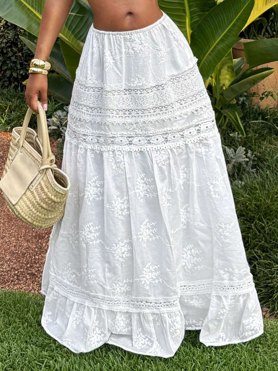 BamGleam 夏季限量版法式纯白蕾丝拼接刺绣长裙，镂空钩编腰部A字连衣裙，浪漫度假约会仙女裙 - 白色 - 查看 1
