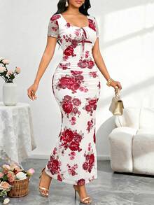 SHEIN Lady 女士大理石纹褶皱修身中长连衣裙，粉色短袖连衣裙，适合优雅派对、日常穿着，四季皆宜，尺码齐全，适合邮轮旅行、夏季穿着，也可作为生日/活动、办公室、教堂、婚礼、度假或婚礼宾客礼服。优雅连衣裙，尽显高贵气质。 - 粉色 - 查看 3