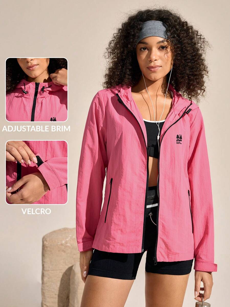 SHEIN In My Nature Women's Letter Print Hooded Zipper Front Long Sleeve Outdoor Windbreaker Running Jacket For Women Outdoor Outfit For Women Lightweight Jackets For Women Outerwear Women Summer Women's Summer Jacket Hiking Jacket For Women,Women's Solid Hooded Long Sleeve Sun Protection Lightweight Sports Jacket For Outdoor Running Summer Pink,Women's Zip Up Hooded Lightweight Casual Sports Windbreaker Jacket For Hiking & Commute Pink,Women Solid Hooded Zip Up Lightweight Outdoor Sports Jacket Pink Outerwear Wome - Pink - View 1