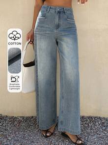 Livesso Women's Vintage Washed Loose Casual Street Vacation Outdoor Wide Leg Straight Jeans, Suitable For Summer, Spring And Autumn - Blue - View 1