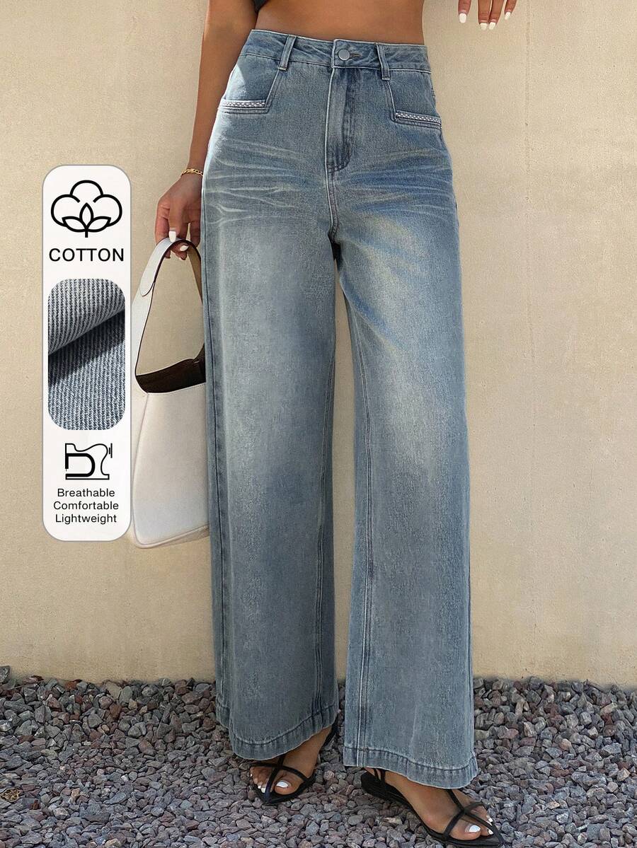 Livesso Women's Vintage Washed Loose Casual Street Vacation Outdoor Wide Leg Straight Jeans, Suitable For Summer, Spring And Autumn - Blue - View 1