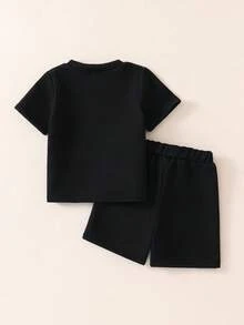 SHEIN 男婴夏季休闲牛仔拼接黑色上衣和牛仔拼接短裤两件套 - 彩色 - 查看 2