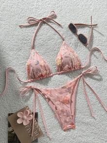 Costavie 2 Pieces Floral Beaded Textured Halter Bikini Set, Blue, For Spring/Summer Beach Vacation - Multicolor - View 6