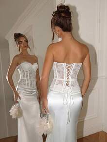 Áo corset xuyên thấu phối ren thời trang và thanh lịch dành cho nữ, duyên dáng. - trắng - Xem 2