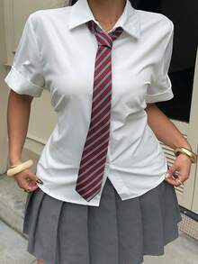 Muchica Plus Size Casual Solid Color Cinched Waist White Shirt For Summer, Back-To-School School Style, Chic Daily Commute, Business, Party, Y2k Burgundy - White - View 6