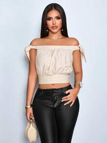 SOLERSUN 女士时尚优雅露肩蝴蝶结短款上衣，褶皱泡泡后背无袖休闲衬衫，女士后背褶皱无袖短款上衣，适合休闲夏季和度假穿着 - 杏色 - 查看 6