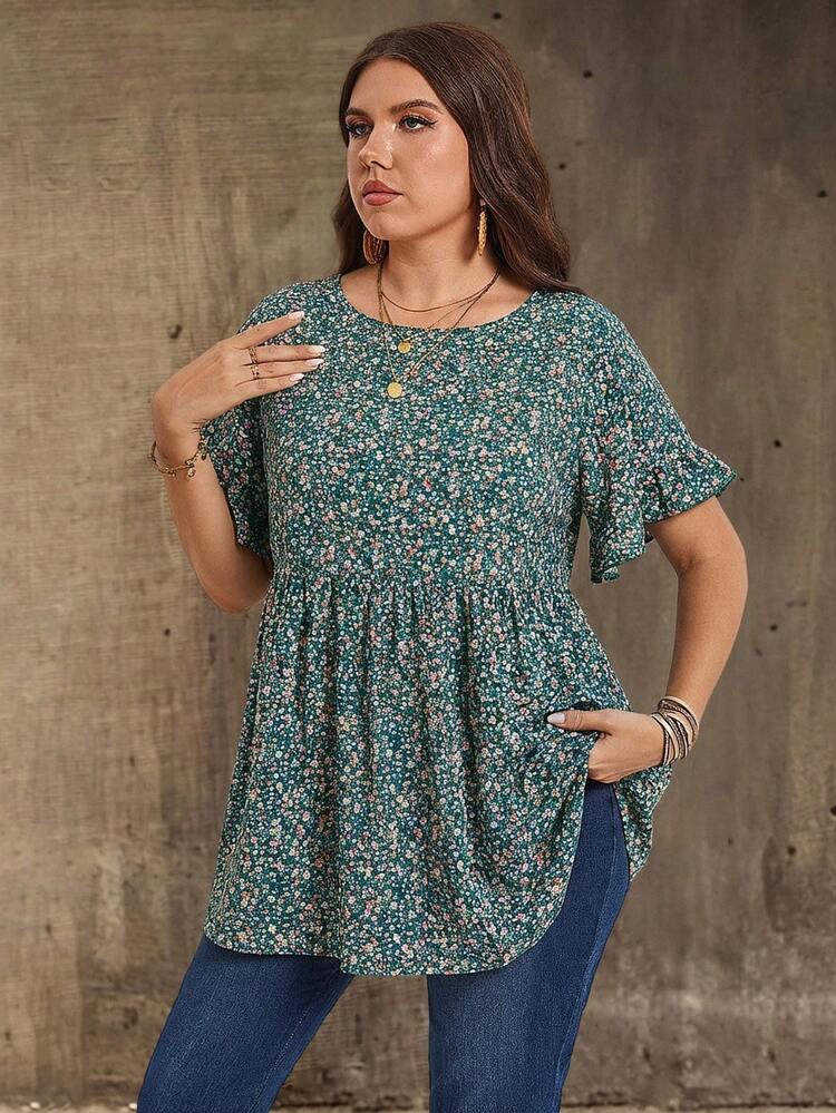 Plus Size Casual Allover Print Ruffle Sleeve Shirt