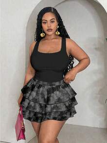 Slaydiva Plus Size Summer Fashion Charcoal Gray Tight Tank Top And Tie-Dye Ruffle Hem Shorts 2-Piece Set Night Out Classy Street Wear - Multicolor - View 1