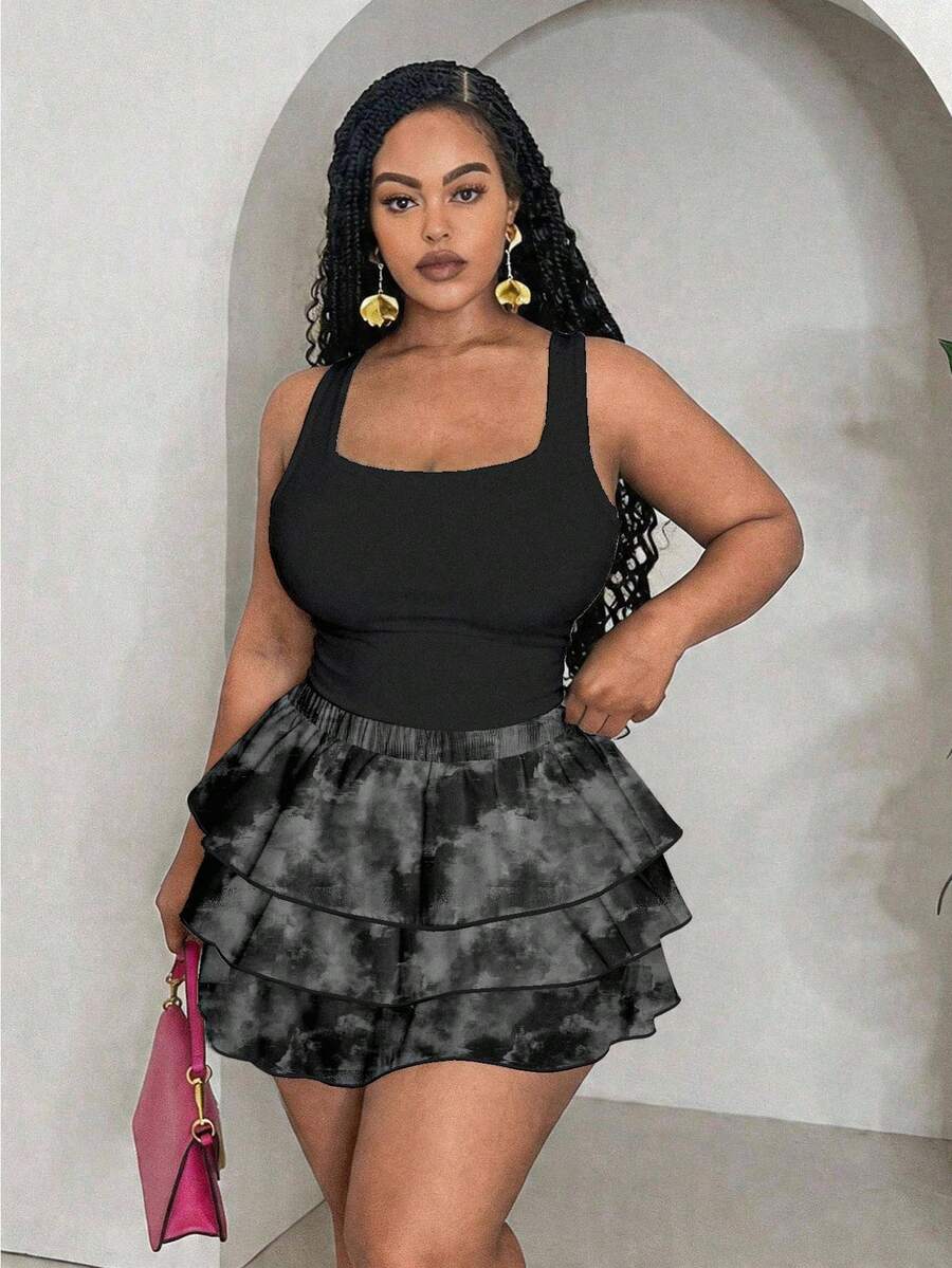 Slaydiva Plus Size Summer Fashion Charcoal Gray Tight Tank Top And Tie-Dye Ruffle Hem Shorts 2-Piece Set Night Out Classy Street Wear - Multicolor - View 1
