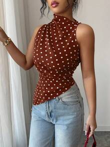 Rafferiza Áo tank top nữ màu đỏ chấm bi, dáng ôm, vạt bất đối xứng - Cà phê nâu - Xem 3