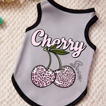 PETSIN Áo vest cho thú cưng in hình báo hồng và chữ anh đào màu xám đen, mềm mại và thoáng khí, chống rụng lông.