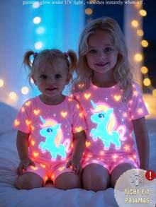 2pcs/Set Toddler Girls' Unicorn & Star Print Short Sleeve Top And Shorts, Knit Stretchy Fabric, Comfortable Soft Glow-In-The-Dark Pajamas For Summer - Pink - View 1