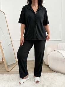 Plus Button Down Shirt Style 2 Piece Pajamas Set - Black - View 5