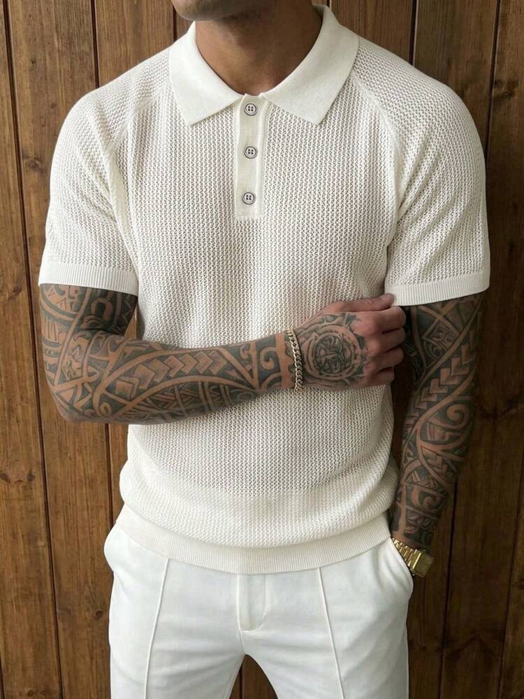 Men's White Polo Collar Knit Top Summer
