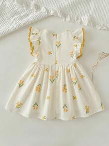 女婴碎花圆领荷叶边腰身连衣裙 - 白色 - 查看 3